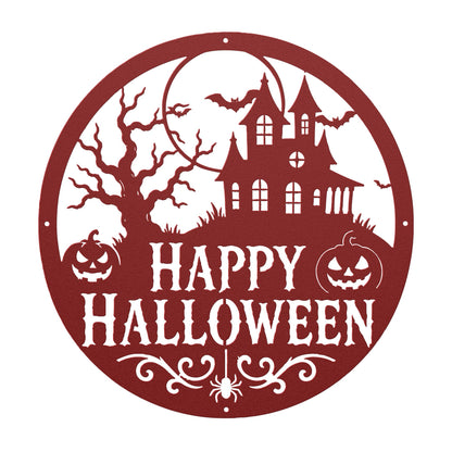 Happy Halloween Metal Sign, Haunted House Wall Decor, Pumpkin Bat Door Hanger, Spooky Round Porch Art, Gothic Fall Entryway Seasonal Accent