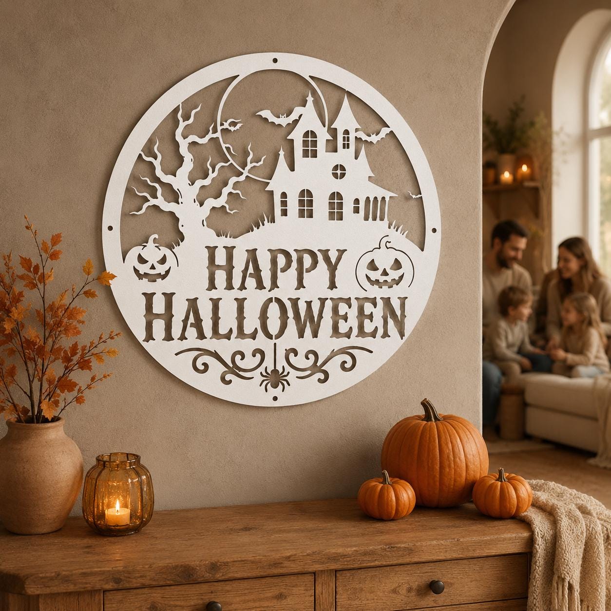 Happy Halloween Metal Sign, Haunted House Wall Decor, Pumpkin Bat Door Hanger, Spooky Round Porch Art, Gothic Fall Entryway Seasonal Accent