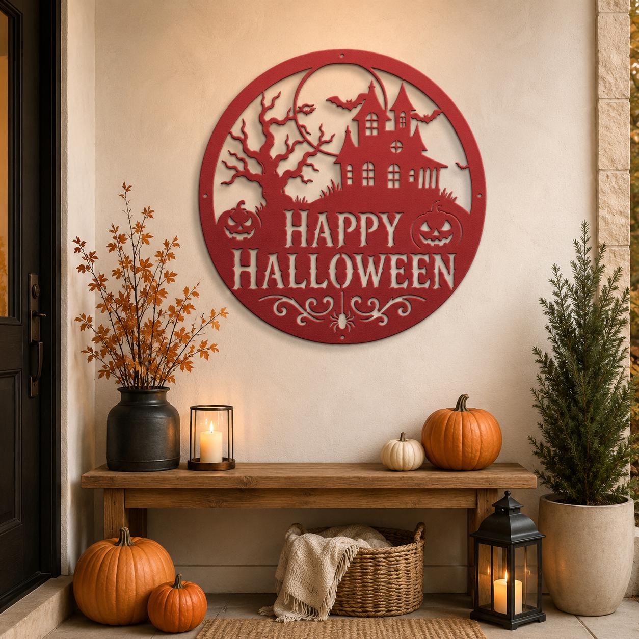 Happy Halloween Metal Sign, Haunted House Wall Decor, Pumpkin Bat Door Hanger, Spooky Round Porch Art, Gothic Fall Entryway Seasonal Accent