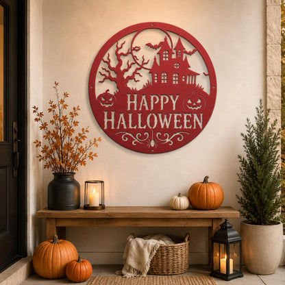 Happy Halloween Metal Sign, Haunted House Wall Decor, Pumpkin Bat Door Hanger, Spooky Round Porch Art, Gothic Fall Entryway Seasonal Accent