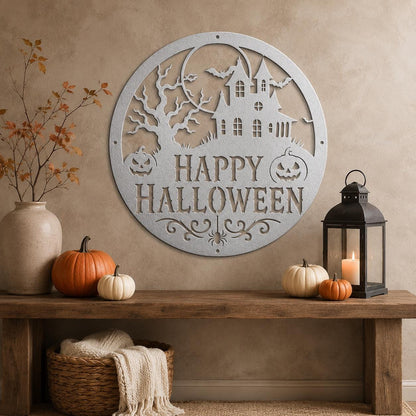 Happy Halloween Metal Sign, Haunted House Wall Decor, Pumpkin Bat Door Hanger, Spooky Round Porch Art, Gothic Fall Entryway Seasonal Accent