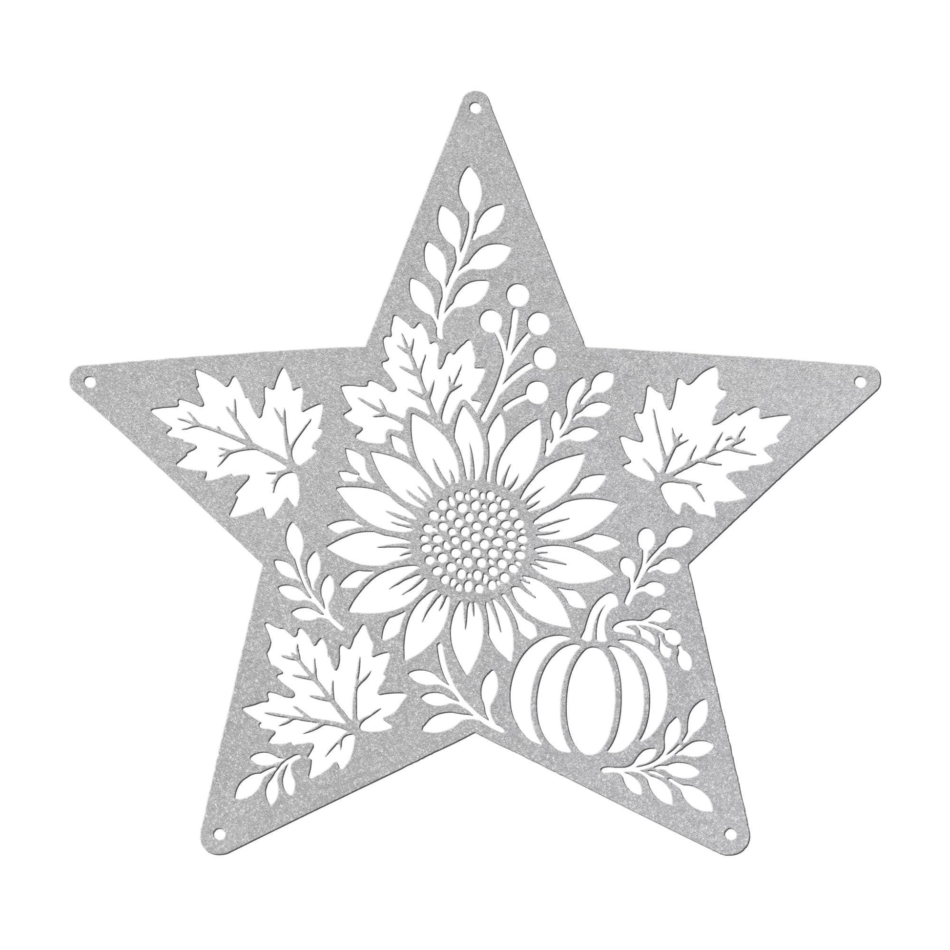 Autumn Sunflower Star Metal Sign, Pumpkin Fall Floral Wall Decor, Harvest Botanical Steel Art, Maple Leaf Farmhouse Home Accent