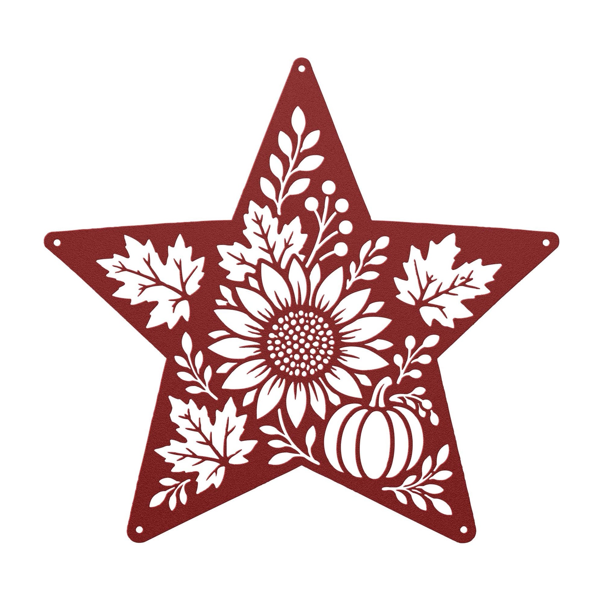 Autumn Sunflower Star Metal Sign, Pumpkin Fall Floral Wall Decor, Harvest Botanical Steel Art, Maple Leaf Farmhouse Home Accent