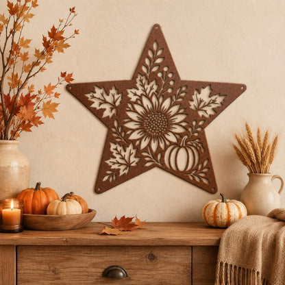 Autumn Sunflower Star Metal Sign, Pumpkin Fall Floral Wall Decor, Harvest Botanical Steel Art, Maple Leaf Farmhouse Home Accent