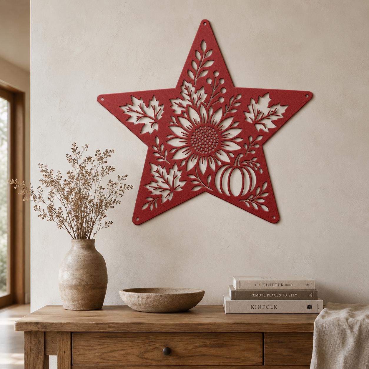 Autumn Sunflower Star Metal Sign, Pumpkin Fall Floral Wall Decor, Harvest Botanical Steel Art, Maple Leaf Farmhouse Home Accent