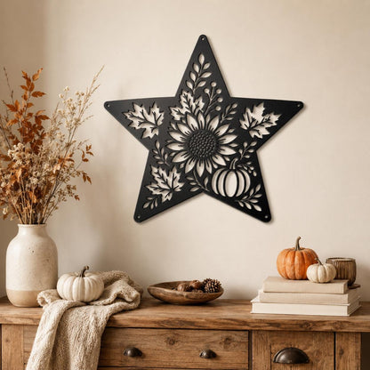 Autumn Sunflower Star Metal Sign, Pumpkin Fall Floral Wall Decor, Harvest Botanical Steel Art, Maple Leaf Farmhouse Home Accent