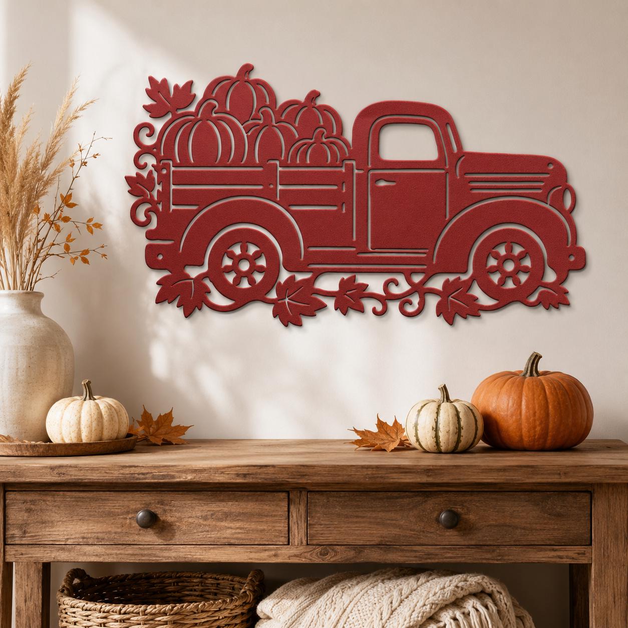 Pumpkin Truck Metal Sign, Vintage Fall Pickup Wall Decor, Harvest Farmhouse Steel Art, Rustic Autumn Porch Entryway Housewarming Gift