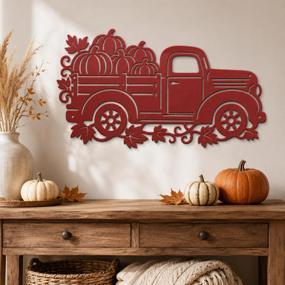 Pumpkin Truck Metal Sign, Vintage Fall Pickup Wall Decor, Harvest Farmhouse Steel Art, Rustic Autumn Porch Entryway Housewarming Gift