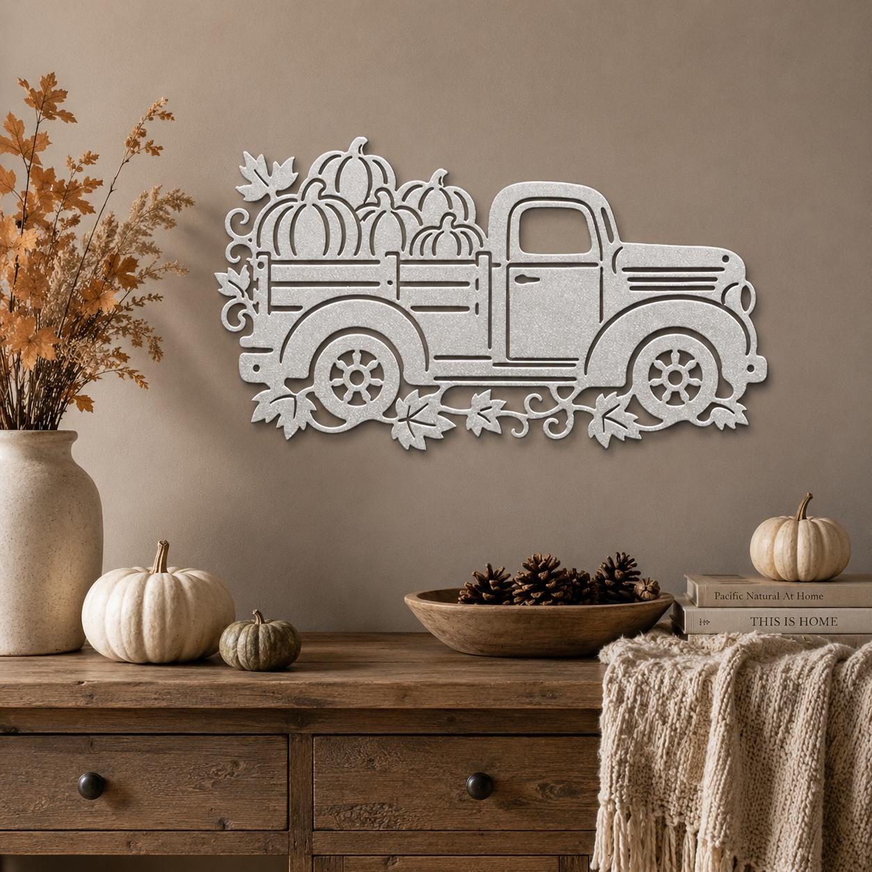 Pumpkin Truck Metal Sign, Vintage Fall Pickup Wall Decor, Harvest Farmhouse Steel Art, Rustic Autumn Porch Entryway Housewarming Gift