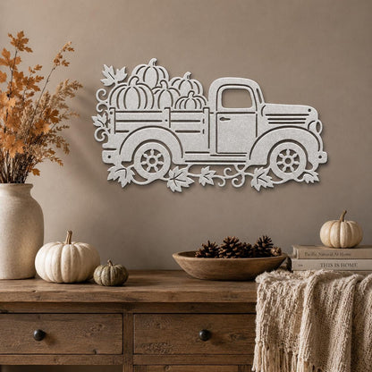 Pumpkin Truck Metal Sign, Vintage Fall Pickup Wall Decor, Harvest Farmhouse Steel Art, Rustic Autumn Porch Entryway Housewarming Gift