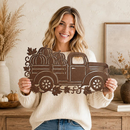 Pumpkin Truck Metal Sign, Vintage Fall Pickup Wall Decor, Harvest Farmhouse Steel Art, Rustic Autumn Porch Entryway Housewarming Gift