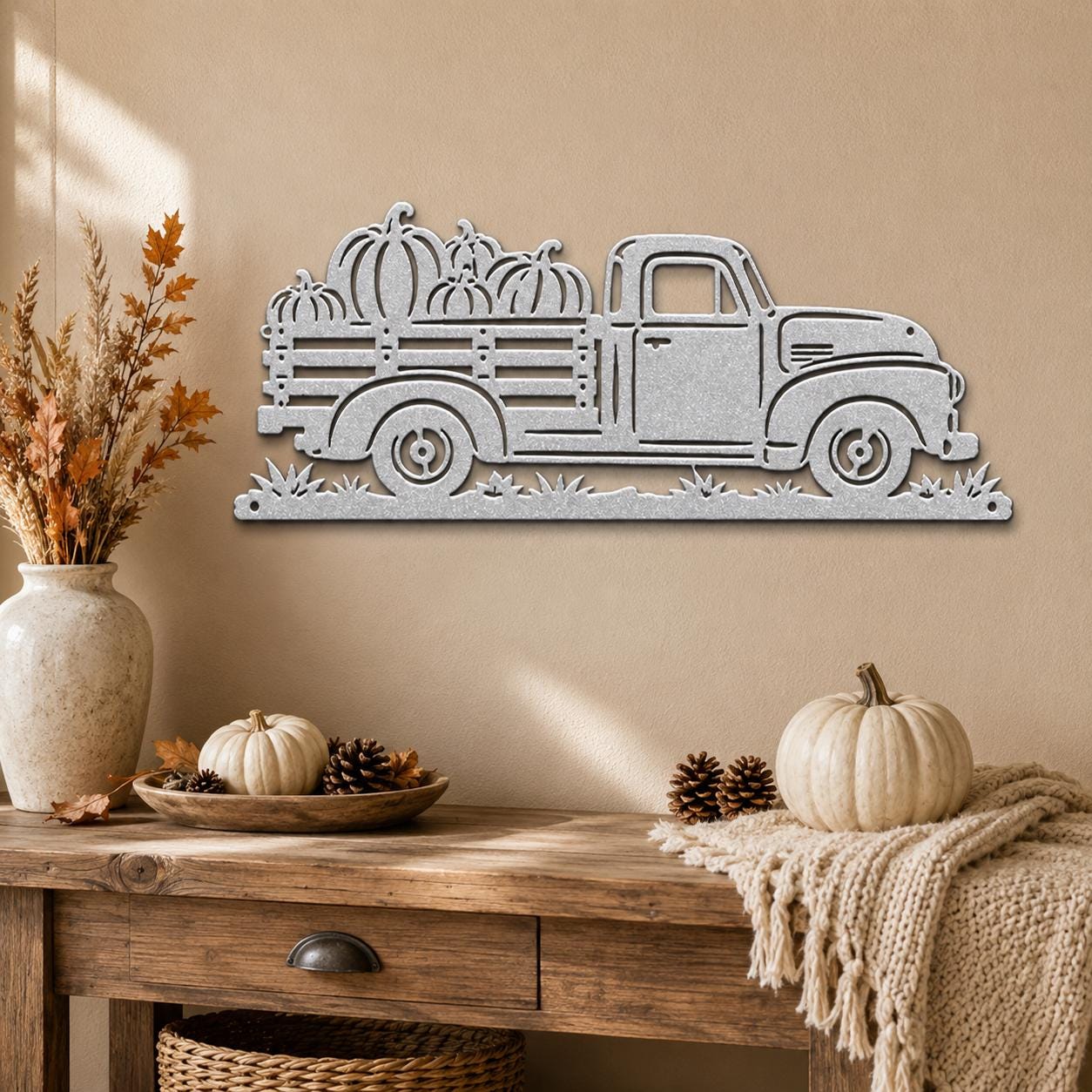 Pumpkin Truck Metal Sign, Vintage Pickup Fall Wall Decor, Harvest Farmhouse Steel Art, Autumn Porch Home Accent, Rustic Thanksgiving Gift