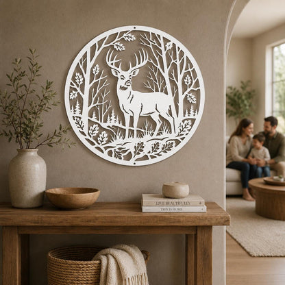 Deer Forest Metal Sign, Whitetail Buck Wall Decor, Round Woodland Steel Art, Rustic Cabin Home Accent, Hunting Lodge Oak Leaf Nature Gift
