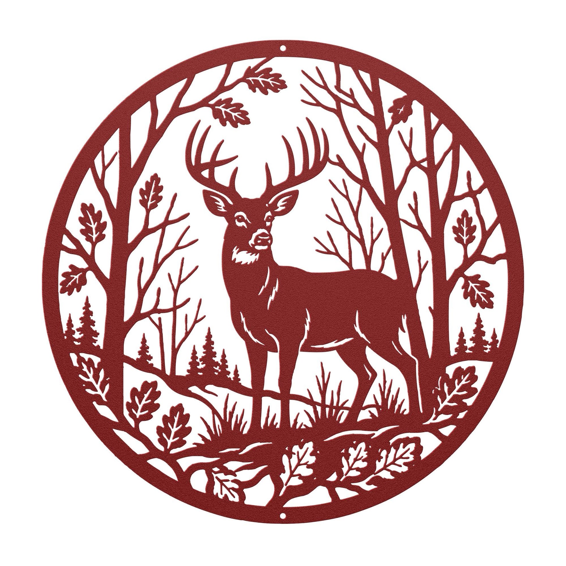 Deer Forest Metal Sign, Whitetail Buck Wall Decor, Round Woodland Steel Art, Rustic Cabin Home Accent, Hunting Lodge Oak Leaf Nature Gift