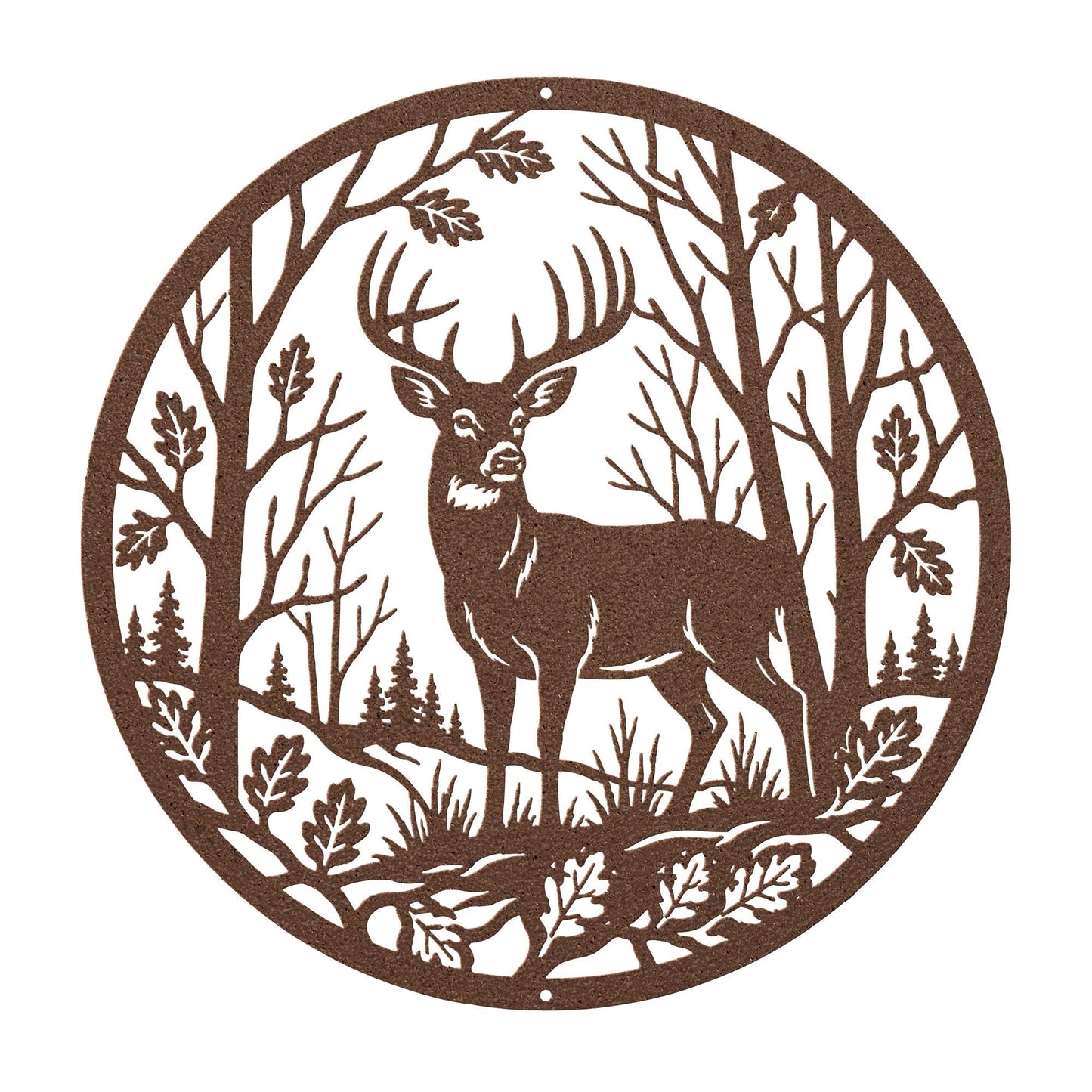 Deer Forest Metal Sign, Whitetail Buck Wall Decor, Round Woodland Steel Art, Rustic Cabin Home Accent, Hunting Lodge Oak Leaf Nature Gift