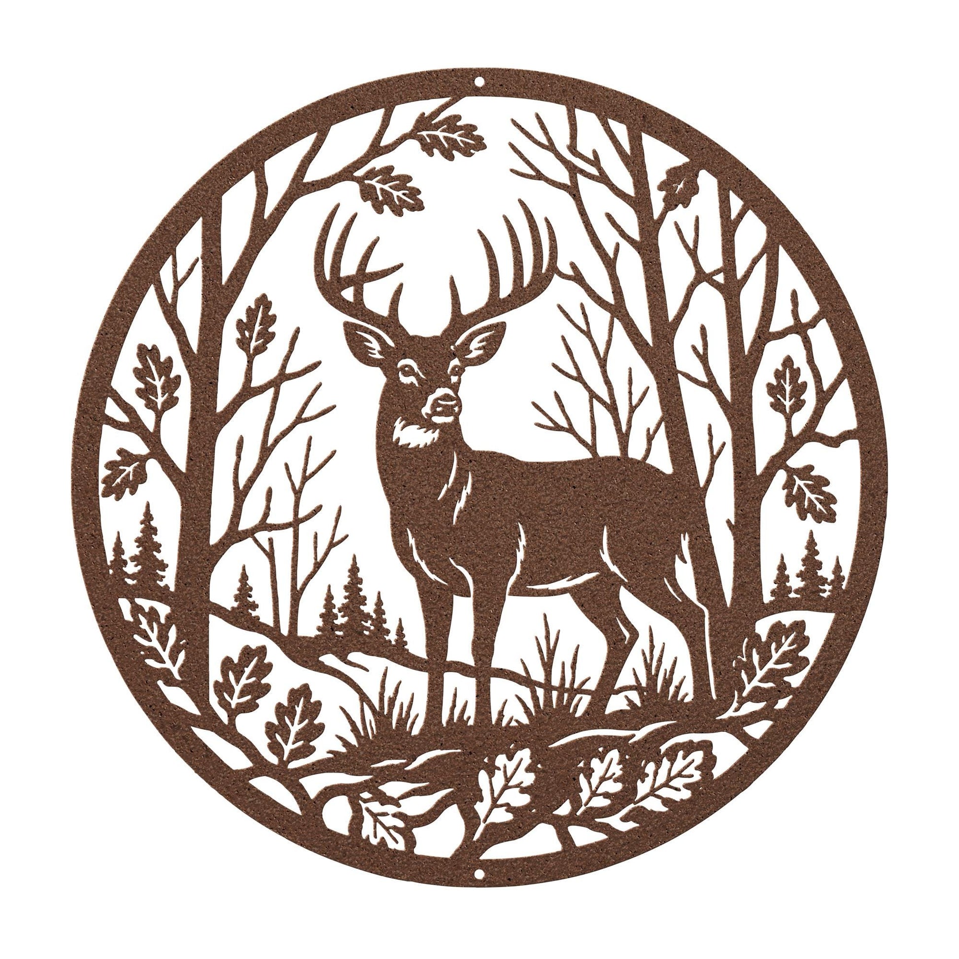 Deer Forest Metal Sign, Whitetail Buck Wall Decor, Round Woodland Steel Art, Rustic Cabin Home Accent, Hunting Lodge Oak Leaf Nature Gift