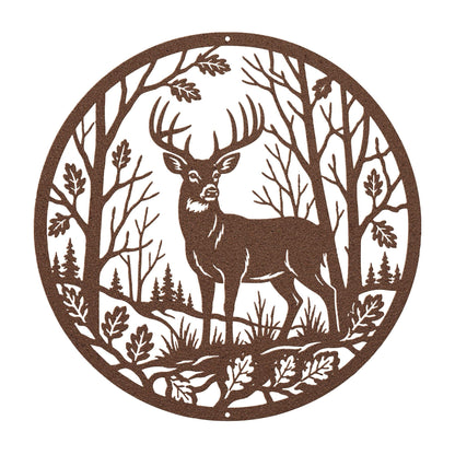 Deer Forest Metal Sign, Whitetail Buck Wall Decor, Round Woodland Steel Art, Rustic Cabin Home Accent, Hunting Lodge Oak Leaf Nature Gift