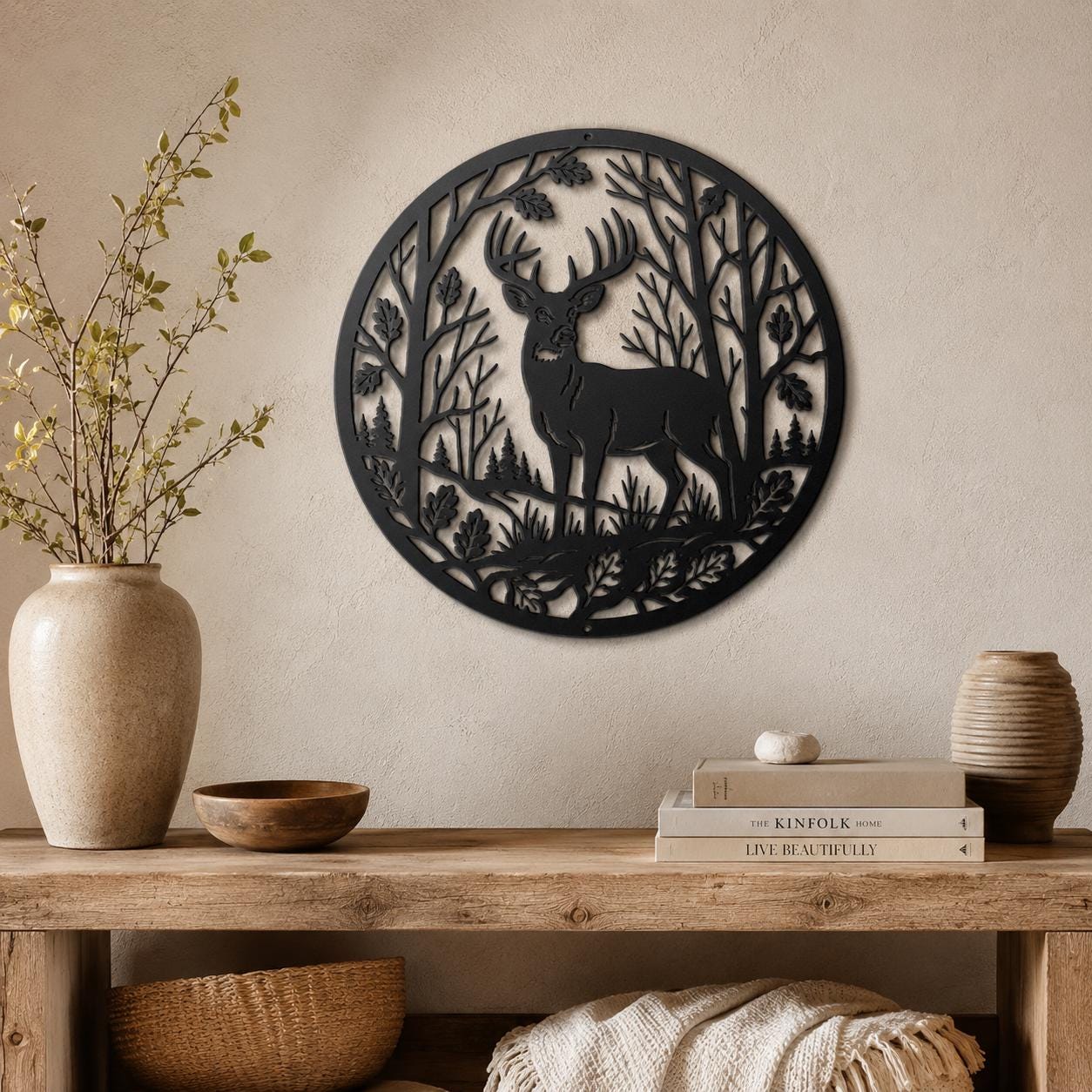 Deer Forest Metal Sign, Whitetail Buck Wall Decor, Round Woodland Steel Art, Rustic Cabin Home Accent, Hunting Lodge Oak Leaf Nature Gift