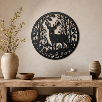 Deer Forest Metal Sign, Whitetail Buck Wall Decor, Round Woodland Steel Art, Rustic Cabin Home Accent, Hunting Lodge Oak Leaf Nature Gift