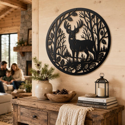 Deer Forest Metal Sign, Whitetail Buck Wall Decor, Round Woodland Steel Art, Rustic Cabin Home Accent, Hunting Lodge Oak Leaf Nature Gift