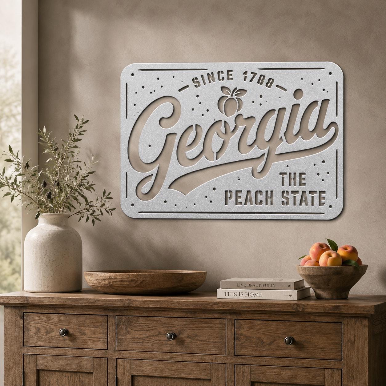 Georgia Peach State Metal Sign, Southern Farmhouse Wall Art, Since 1788 Plaque, Rustic License Plate Home Decor, Porch Entryway Accent