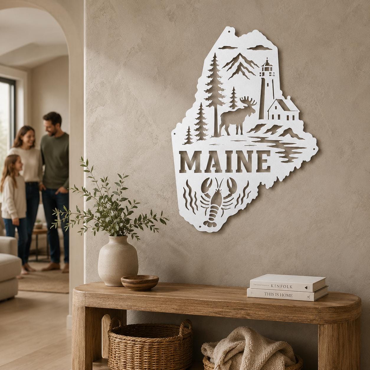 Maine Metal Sign, Coastal Moose Lighthouse Steel Decor, Pine Lobster State Wall Art, New England Cabin Entryway Nautical Housewarming Gift