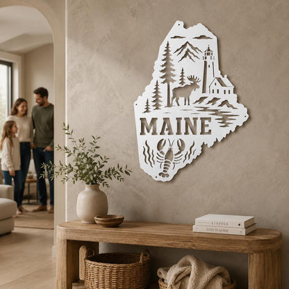 Maine Metal Sign, Coastal Moose Lighthouse Steel Decor, Pine Lobster State Wall Art, New England Cabin Entryway Nautical Housewarming Gift