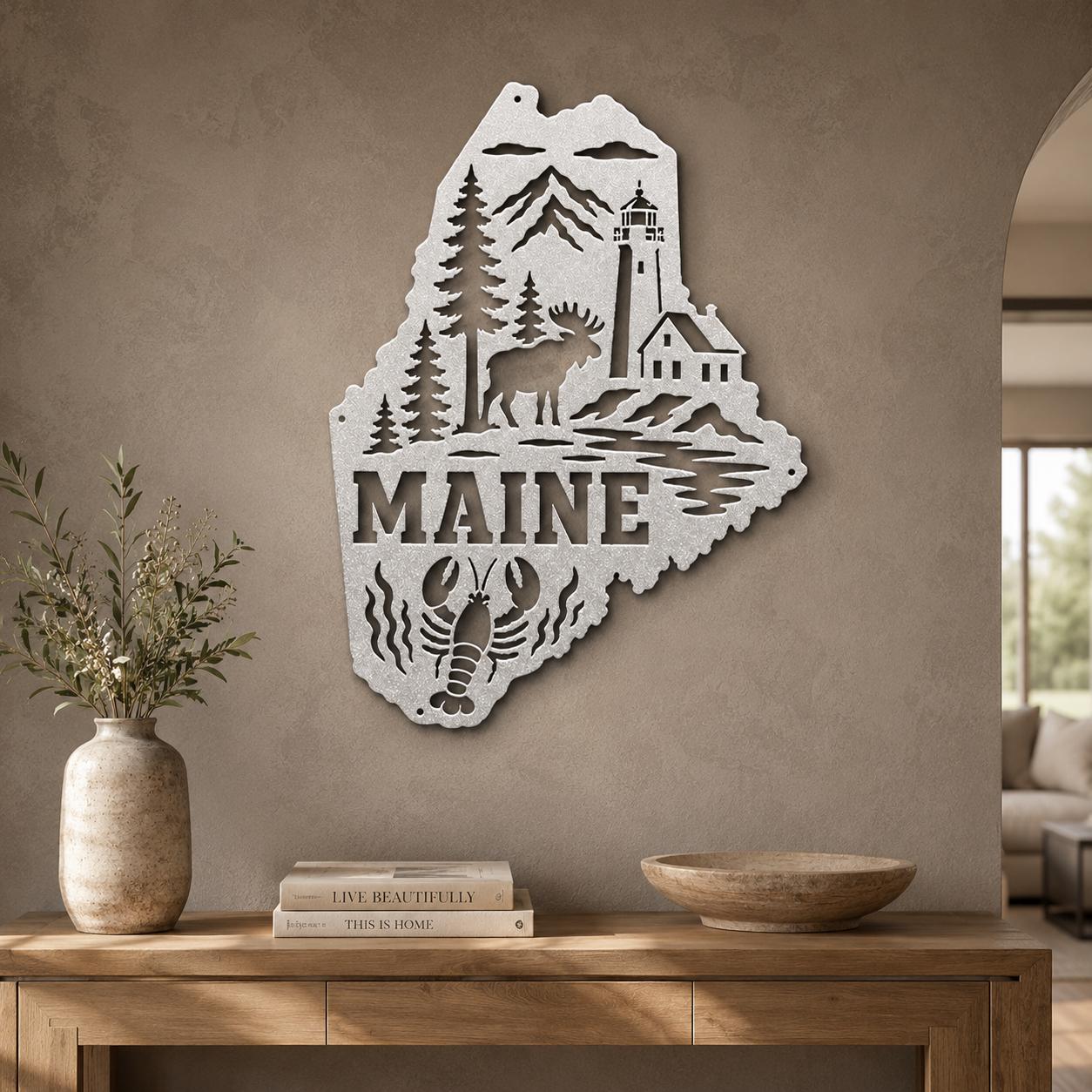 Maine Metal Sign, Coastal Moose Lighthouse Steel Decor, Pine Lobster State Wall Art, New England Cabin Entryway Nautical Housewarming Gift