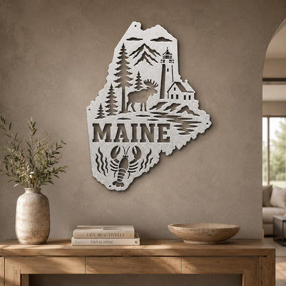 Maine Metal Sign, Coastal Moose Lighthouse Steel Decor, Pine Lobster State Wall Art, New England Cabin Entryway Nautical Housewarming Gift