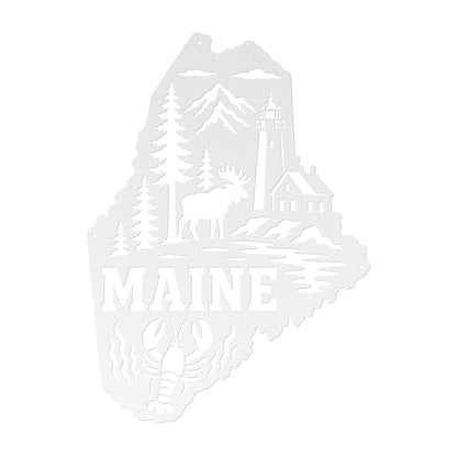 Maine Metal Sign, Coastal Moose Lighthouse Steel Decor, Pine Lobster State Wall Art, New England Cabin Entryway Nautical Housewarming Gift