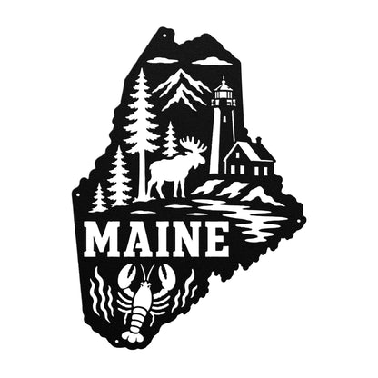 Maine Metal Sign, Coastal Moose Lighthouse Steel Decor, Pine Lobster State Wall Art, New England Cabin Entryway Nautical Housewarming Gift