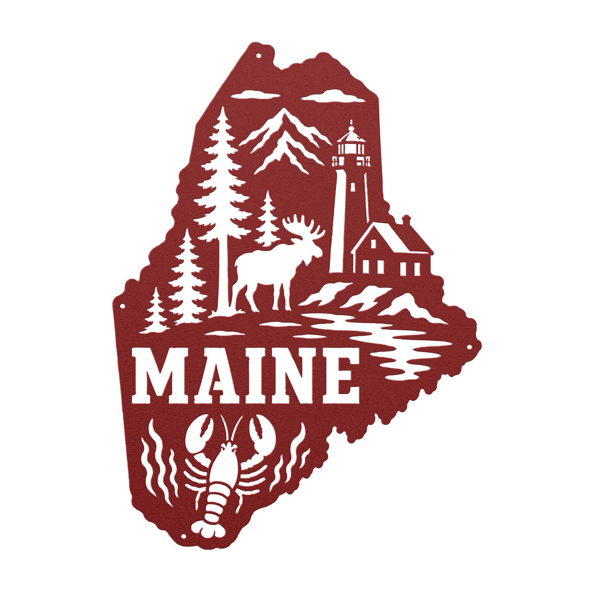 Maine Metal Sign, Coastal Moose Lighthouse Steel Decor, Pine Lobster State Wall Art, New England Cabin Entryway Nautical Housewarming Gift