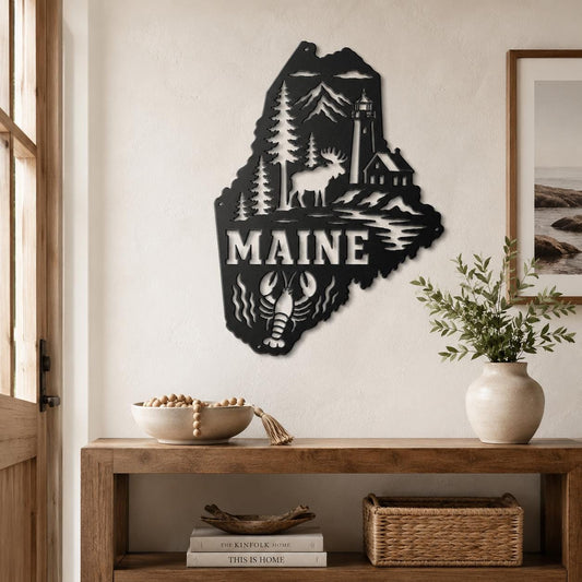 Maine Metal Sign, Coastal Moose Lighthouse Steel Decor, Pine Lobster State Wall Art, New England Cabin Entryway Nautical Housewarming Gift