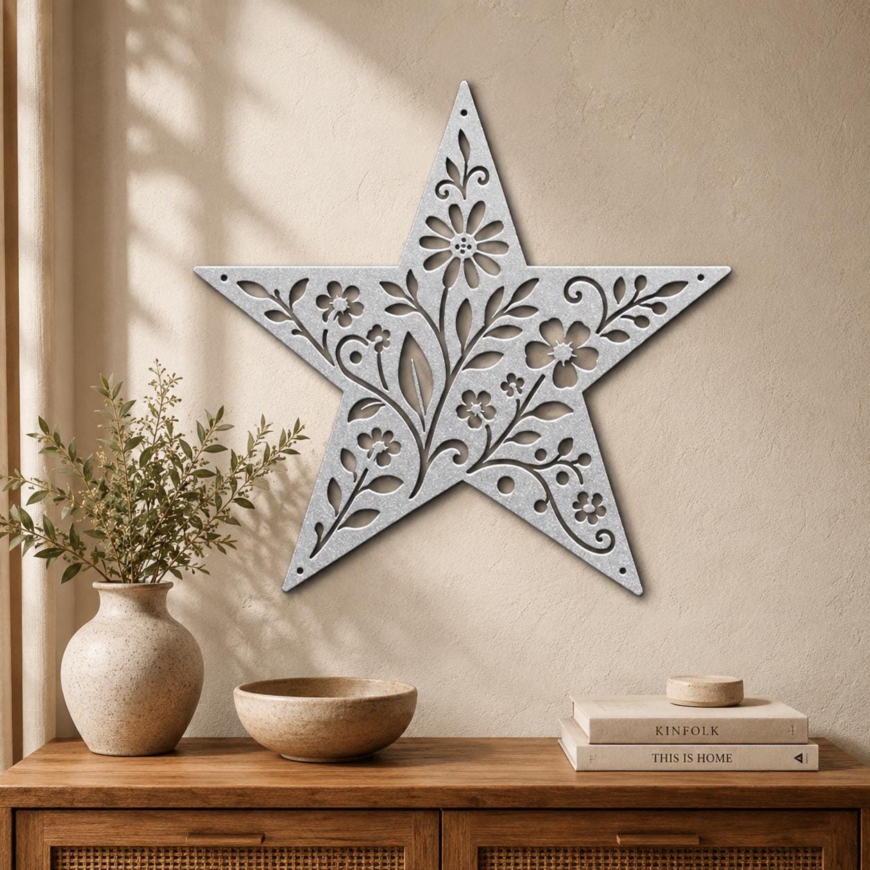 Floral Star Metal Sign, Rustic Botanical Wall Art, Farmhouse Steel Plaque, Garden Inspired Home Decor, Handmade Housewarming Gift