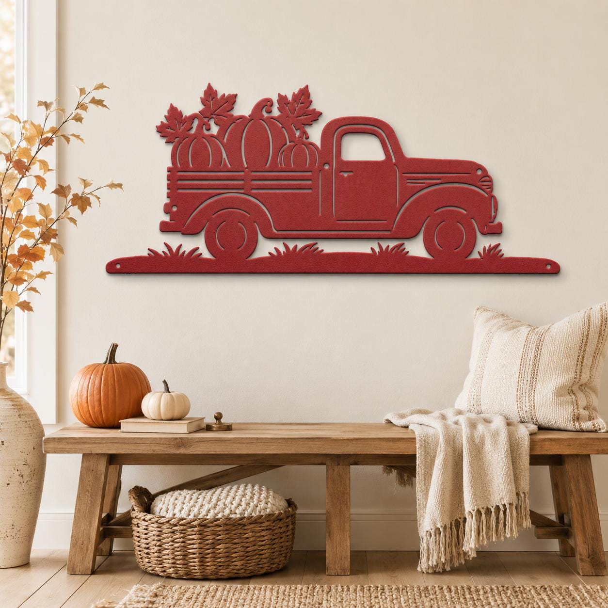 Fall Pumpkin Pickup Metal Sign, Vintage Harvest Truck Wall Decor, Farmhouse Autumn Entryway Art, Rustic Thanksgiving Country Home Accent