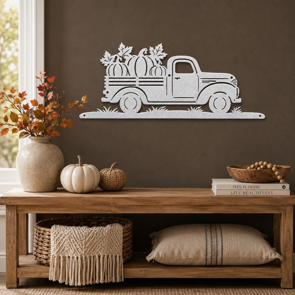 Fall Pumpkin Pickup Metal Sign, Vintage Harvest Truck Wall Decor, Farmhouse Autumn Entryway Art, Rustic Thanksgiving Country Home Accent