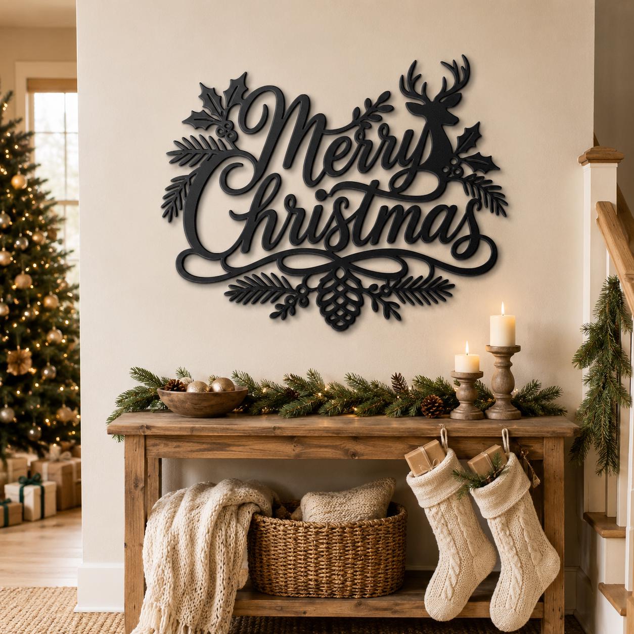 Merry Christmas Metal Sign, Holiday Deer Wall Art, Rustic Steel Door Hanger, Farmhouse Mantel Decor, Red Winter Entryway Gift