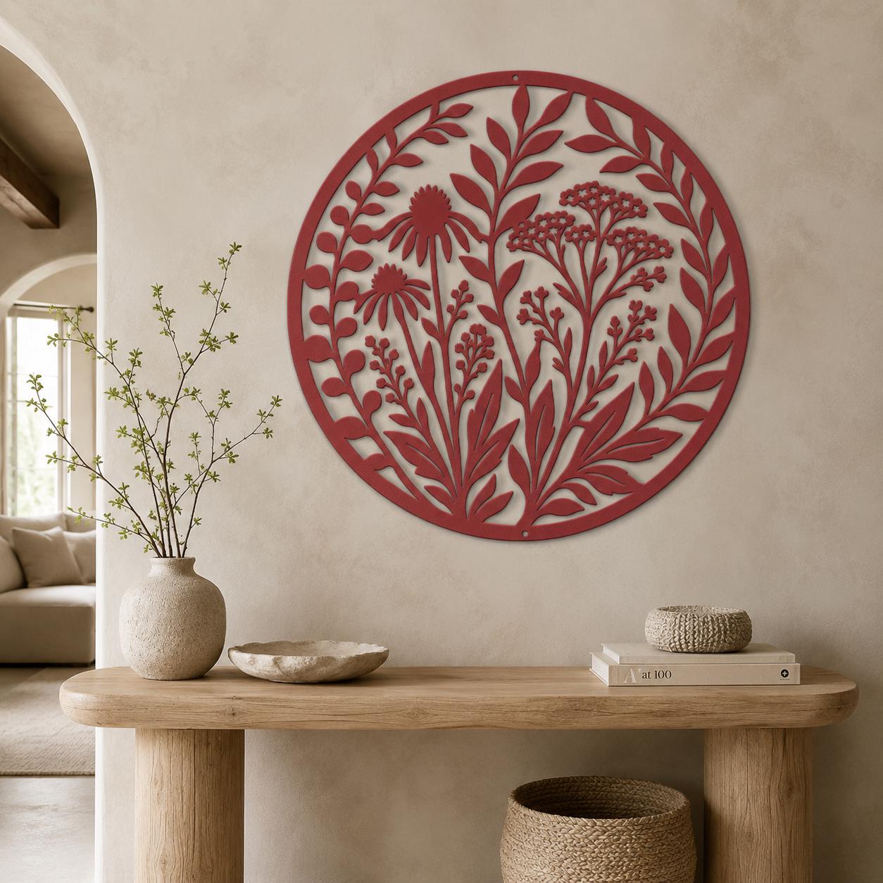 Wildflower Metal Wall Art, Botanical Steel Sign, Floral Garden Decor, Round Nature Plaque, Rustic Farmhouse Entryway Housewarming Gift