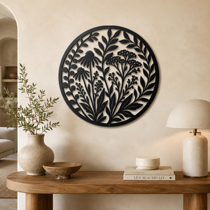 Wildflower Metal Wall Art, Botanical Steel Sign, Floral Garden Decor, Round Nature Plaque, Rustic Farmhouse Entryway Housewarming Gift
