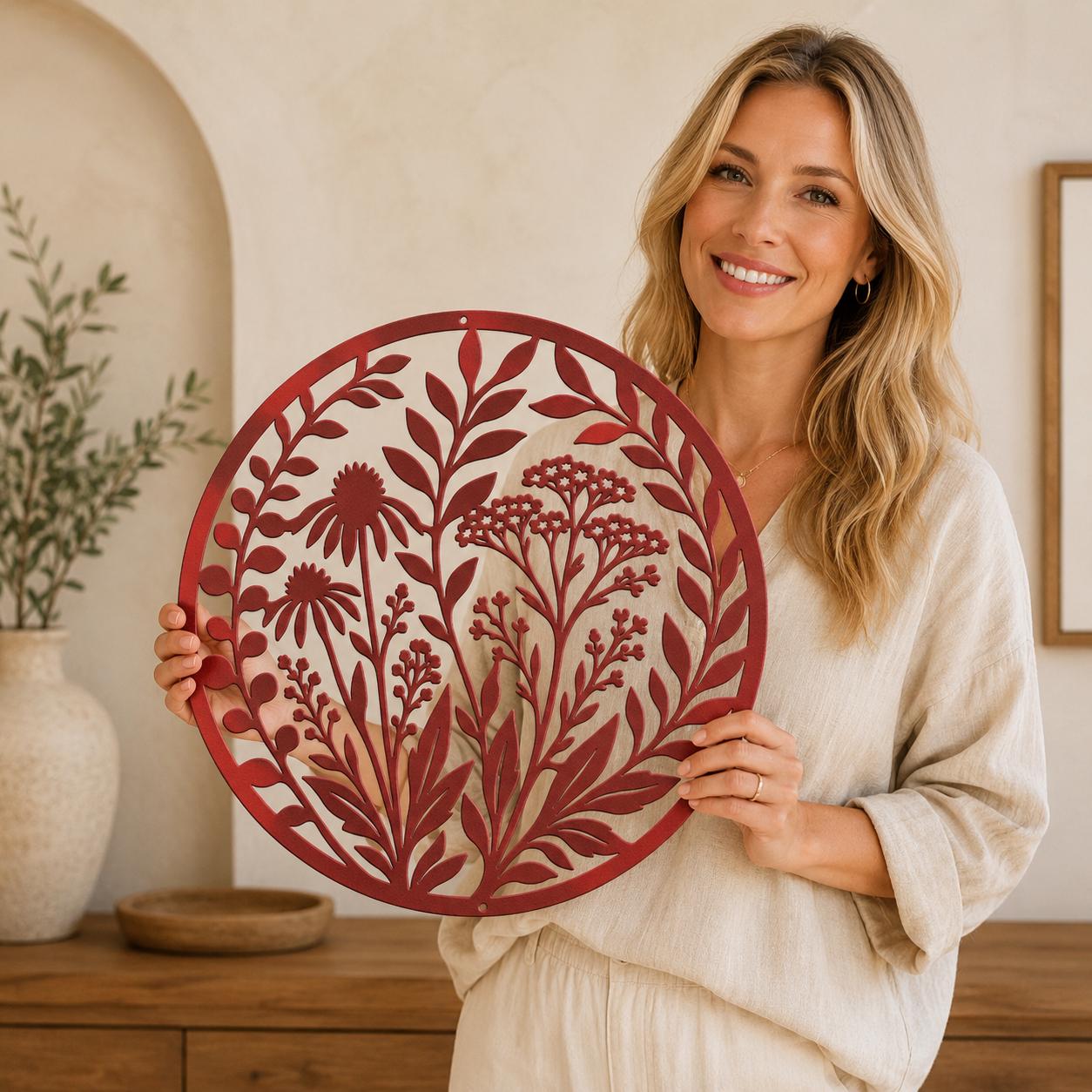 Wildflower Metal Wall Art, Botanical Steel Sign, Floral Garden Decor, Round Nature Plaque, Rustic Farmhouse Entryway Housewarming Gift