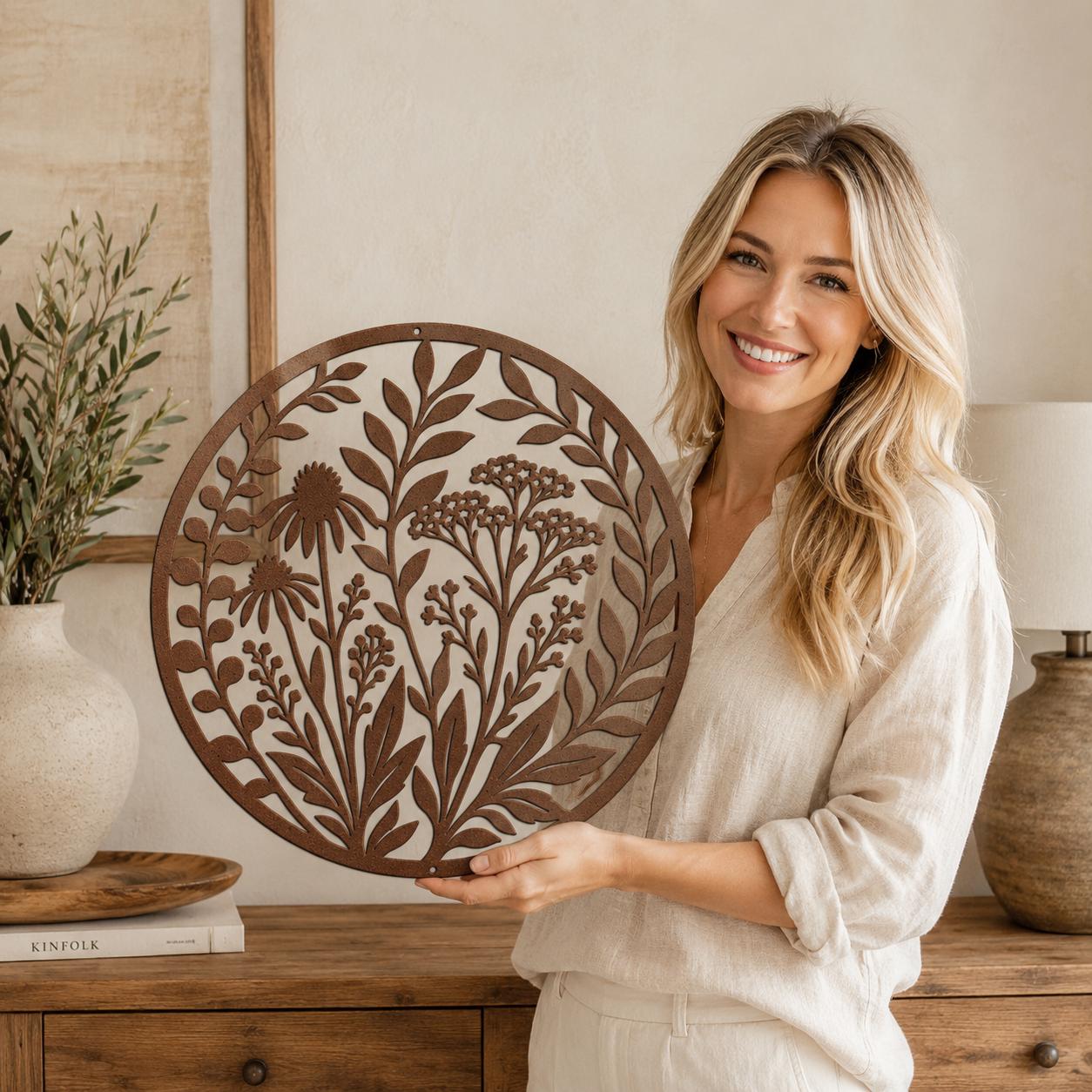 Wildflower Metal Wall Art, Botanical Steel Sign, Floral Garden Decor, Round Nature Plaque, Rustic Farmhouse Entryway Housewarming Gift