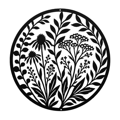 Wildflower Metal Wall Art, Botanical Steel Sign, Floral Garden Decor, Round Nature Plaque, Rustic Farmhouse Entryway Housewarming Gift