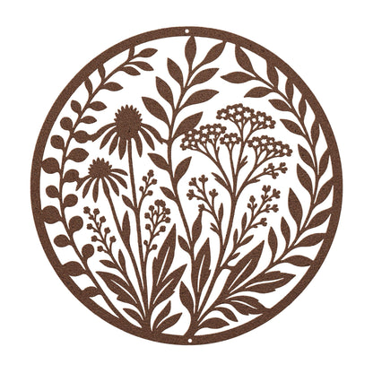 Wildflower Metal Wall Art, Botanical Steel Sign, Floral Garden Decor, Round Nature Plaque, Rustic Farmhouse Entryway Housewarming Gift