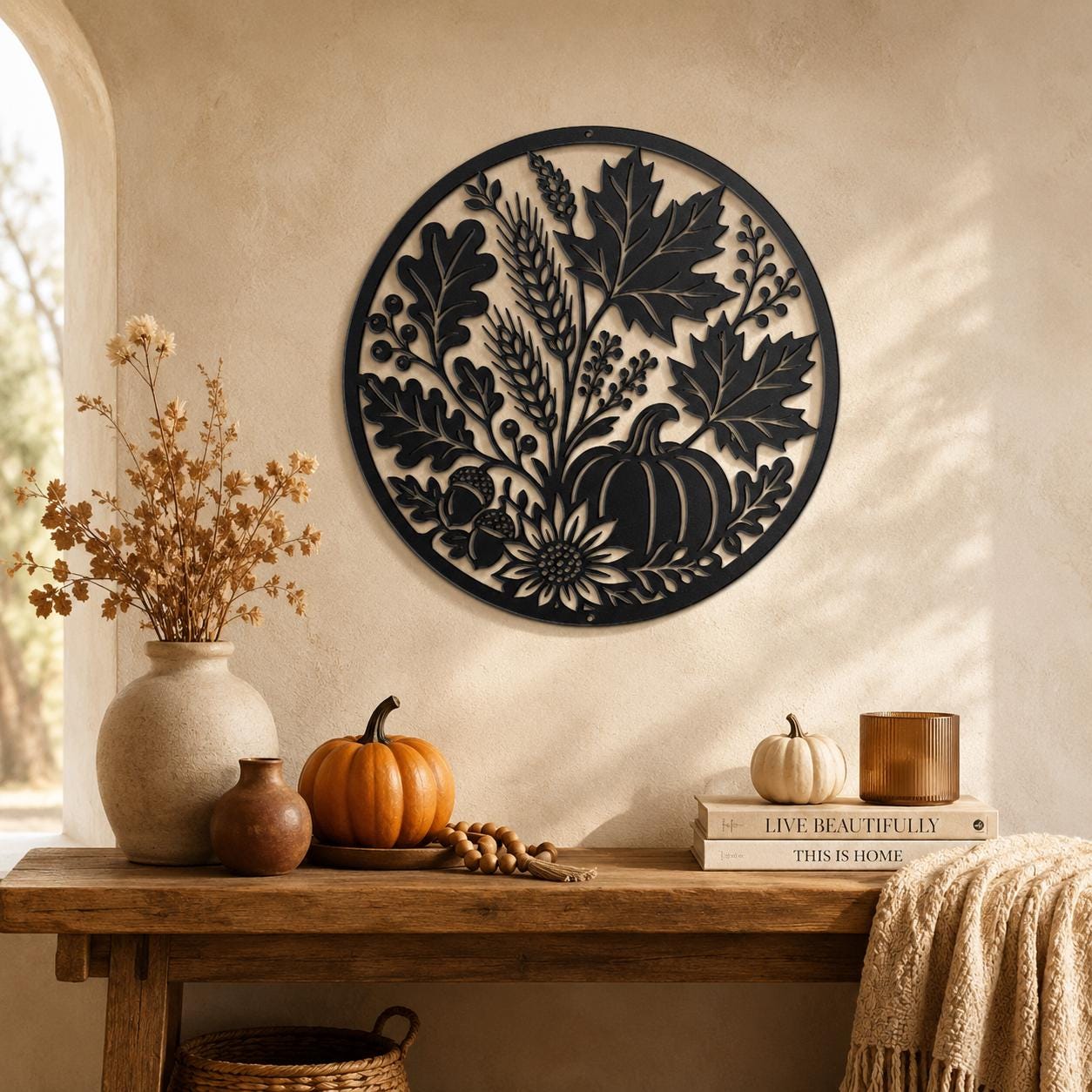 Fall Harvest Metal Sign, Pumpkin Leaf Wall Decor, Rustic Autumn Steel Art, Farmhouse Thanksgiving Home Accent, Seasonal Entryway Plaque
