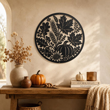 Fall Harvest Metal Sign, Pumpkin Leaf Wall Decor, Rustic Autumn Steel Art, Farmhouse Thanksgiving Home Accent, Seasonal Entryway Plaque