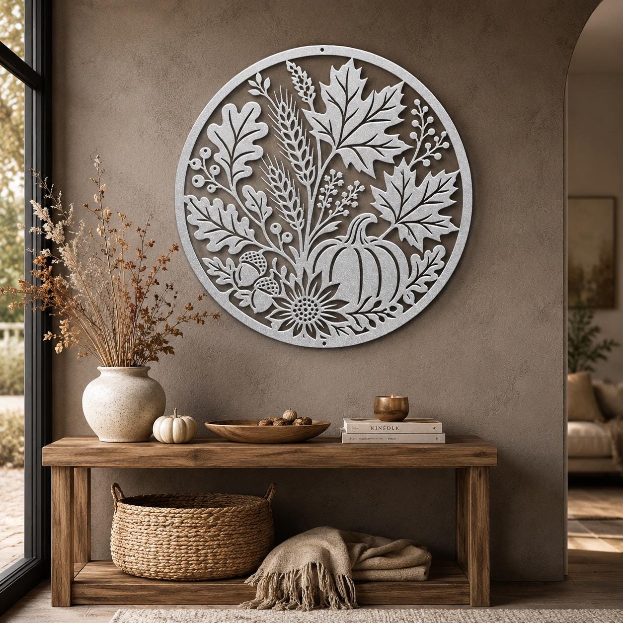Fall Harvest Metal Sign, Pumpkin Leaf Wall Decor, Rustic Autumn Steel Art, Farmhouse Thanksgiving Home Accent, Seasonal Entryway Plaque