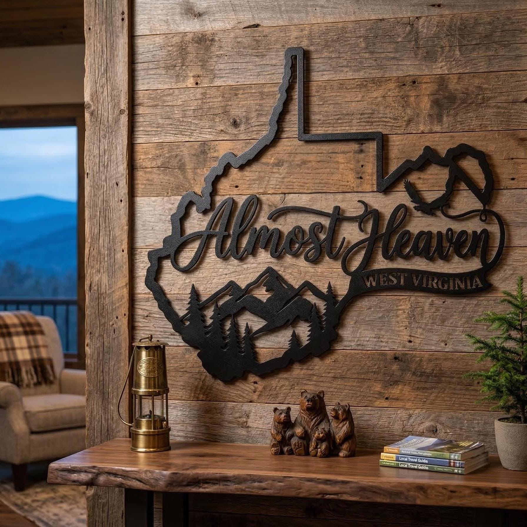 West Virginia Metal Sign, Almost Heaven Sign, Appalachian Mountain Decor, Rustic Cabin Wall Decor, WV State Outline Sign