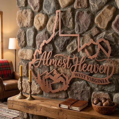 West Virginia Metal Sign, Almost Heaven Sign, Appalachian Mountain Decor, Rustic Cabin Wall Decor, WV State Outline Sign
