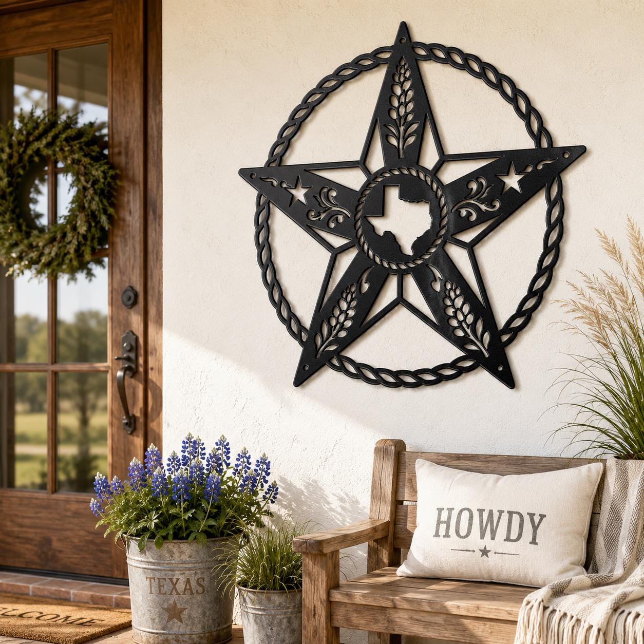 Texas Star Metal Sign, Western Barn Star, Rustic Farmhouse Wall Decor, State Pride Wall Hanging, Ranch Porch Accent, Wheat Rope