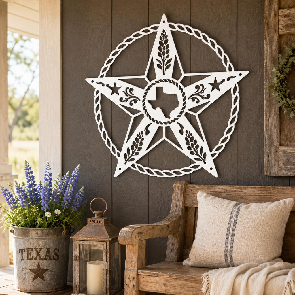 Texas Star Metal Sign, Western Barn Star, Rustic Farmhouse Wall Decor, State Pride Wall Hanging, Ranch Porch Accent, Wheat Rope